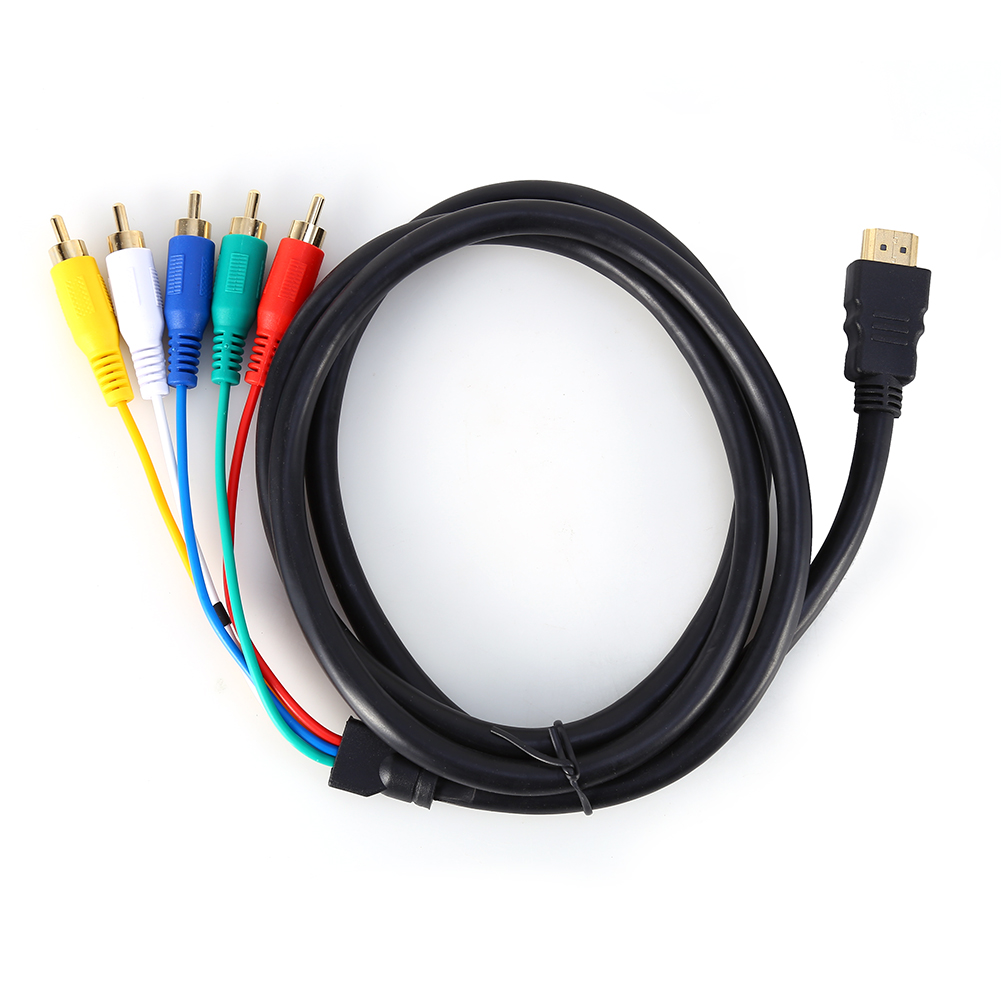 Ein HDMI-Kabel mit Cinch-Anschlüssen. Das Kabel ist schwarz. Cinch-Anschlüsse sind gelb, weiß, blau, grün und rot.