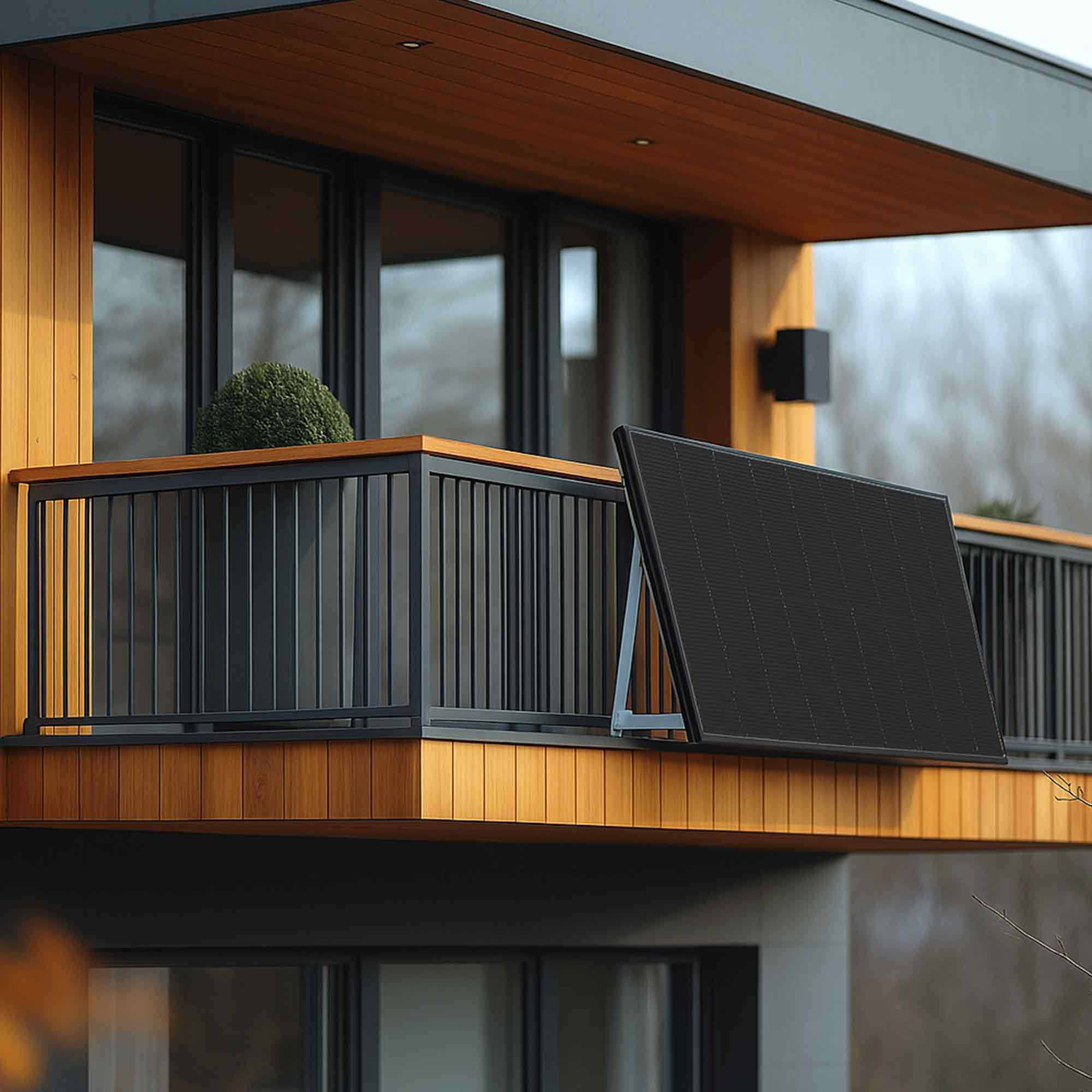 Ein moderner Balkon mit Solarpanel. Der Balkon hat Holzpaneele, schwarzes Geländer und einen kleinen Busch. Der Himmel ist bedeckt.