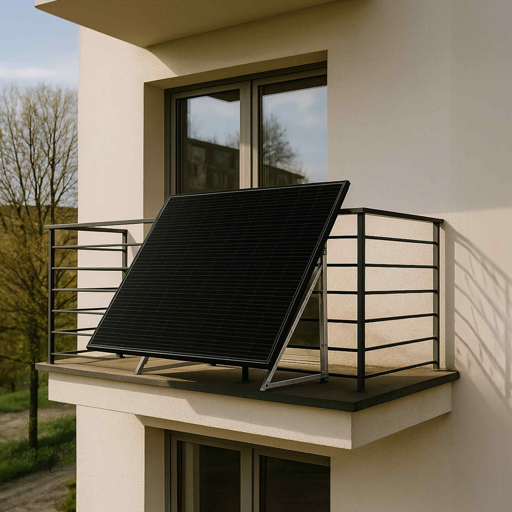 Ein schwarzes Solarpanel auf einem Balkon, das sich an eine Stütze lehnt. Gebäude mit Fenstern und schwarzem Geländer sind sichtbar.