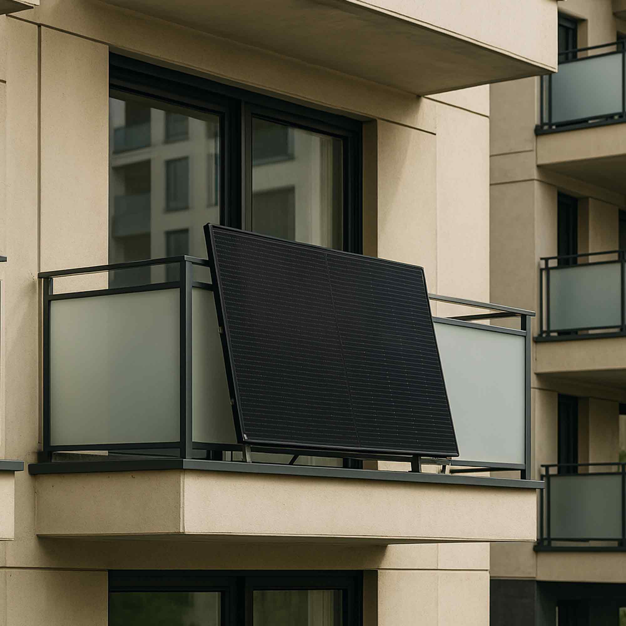 Ein schwarzes Solarpanel lehnt an einem Balkongeländer. Beiges Gebäude mit Fenstern im Hintergrund.