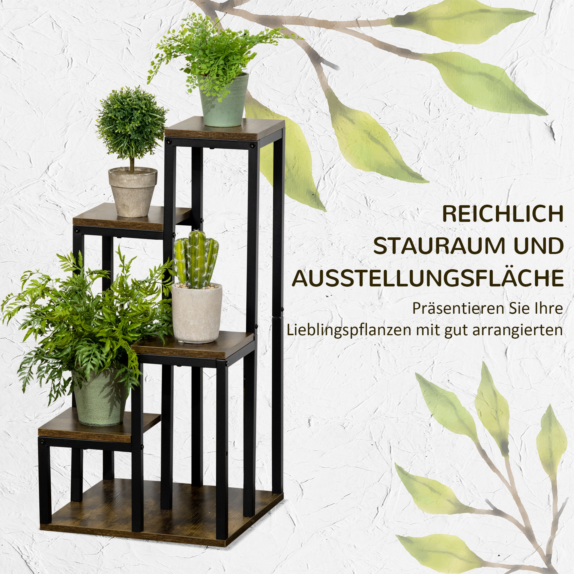 Ein Pflanzenständer mit verschiedenen Topfpflanzen vor einem strukturierten weißen Hintergrund mit Blattakzenten. Text auf Deutsch ist vorhanden.