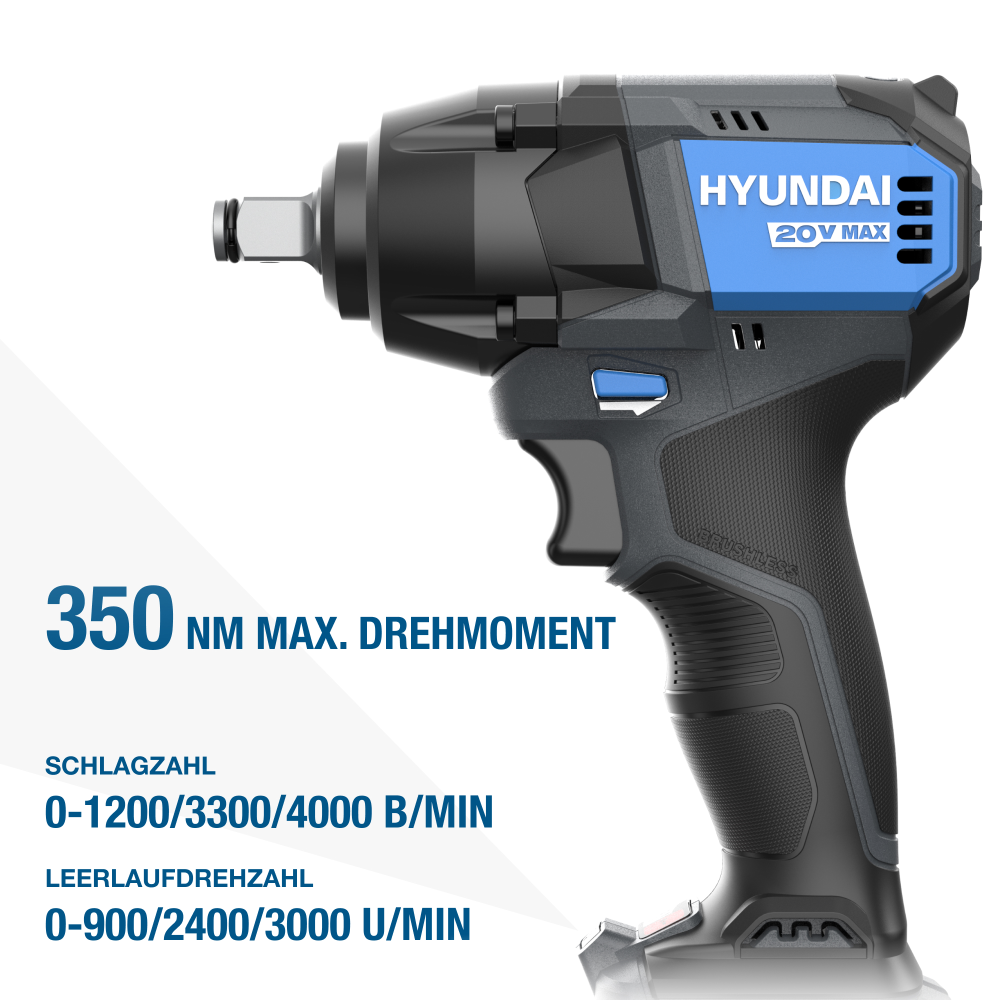 Ein schwarzer und blauer Hyundai-Schlagschrauber. Text beinhaltet 350 Nm, 0-1200/3300/4000 B/MIN und 0-900/2400/3000 U/MIN.