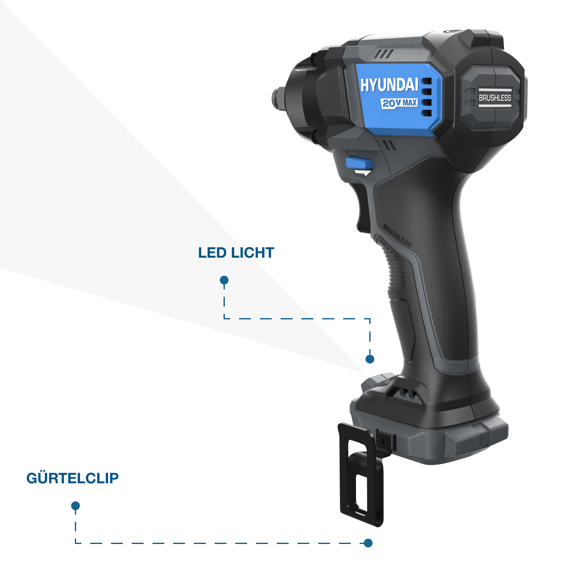 Ein schwarz-blauer Hyundai Akku-Bohrschrauber. Er hat einen Gürtelclip und LED-Licht. Das Etikett lautet 20V MAX und Brushless.