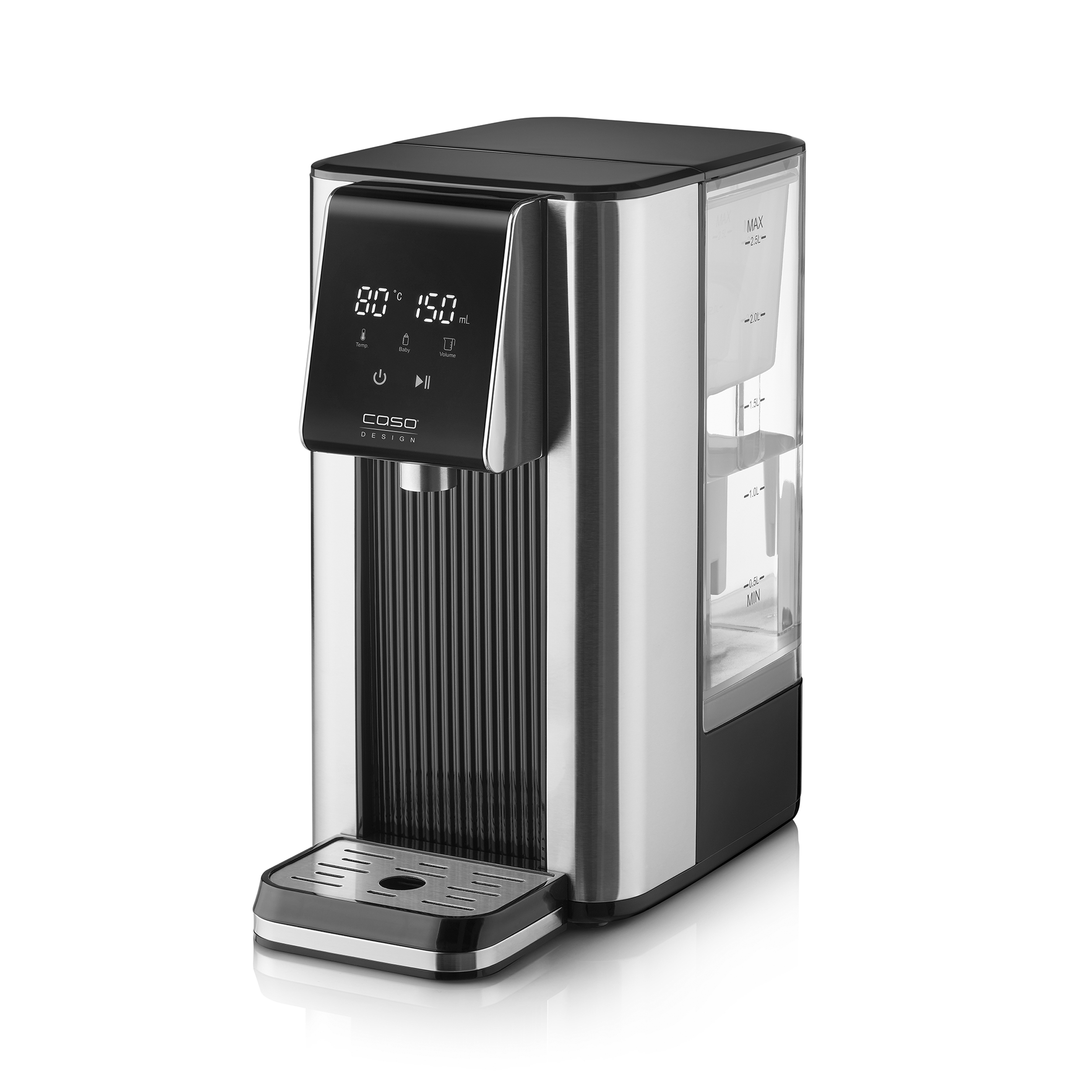 Edelstahl-Wasserspender mit Digitalanzeige für Temperatur und Volumen. Er hat einen schwarzen Sockel und eine Ablage.