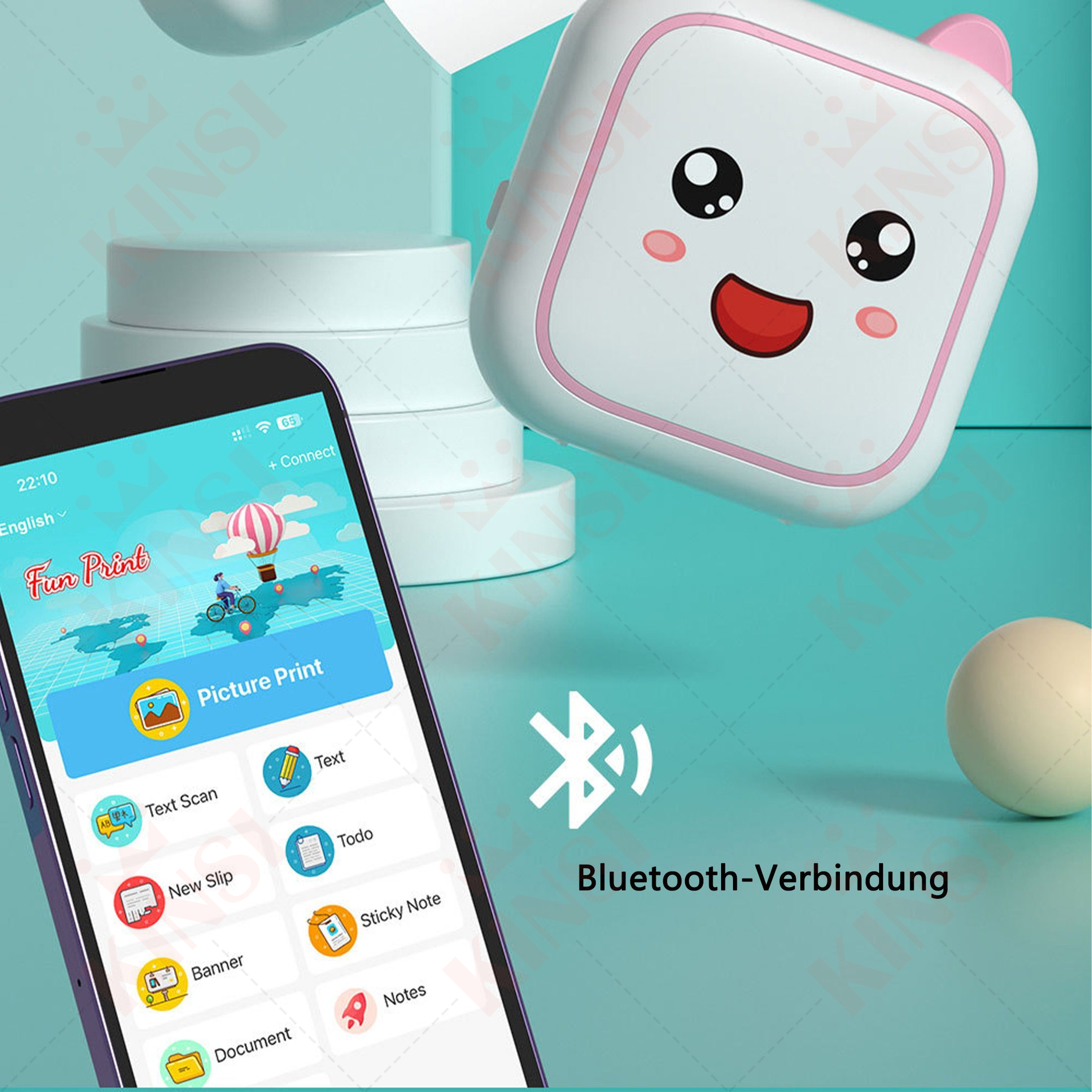 Ein Smartphone zeigt die App 'Fun Print'. Rechts ist ein weißes, lächelndes, cartoonartiges Gerät. Ein Bluetooth-Symbol ist vorhanden.