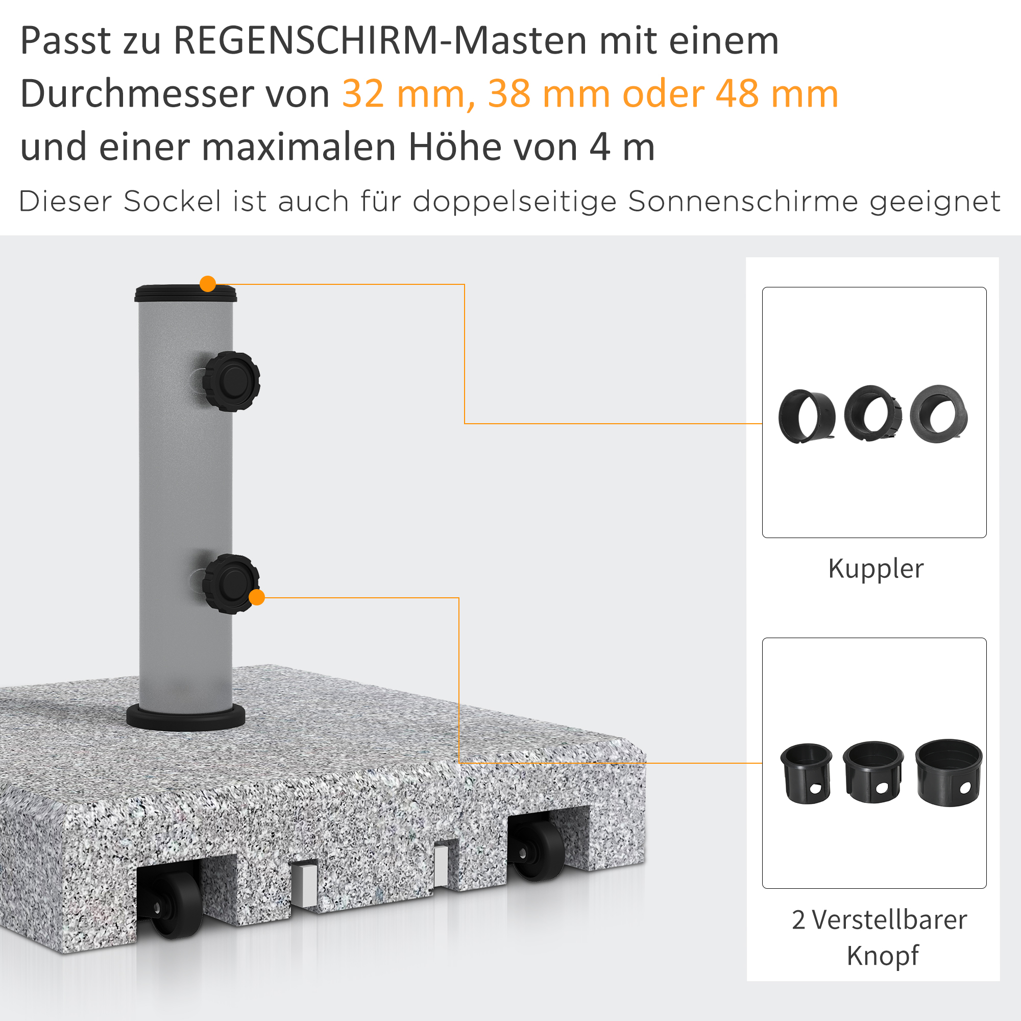 Ein Schirmständer mit silberner Stange, schwarzen Knöpfen und einem granitartigen Sockel, mit drei Kupplungen und zwei Knöpfen.