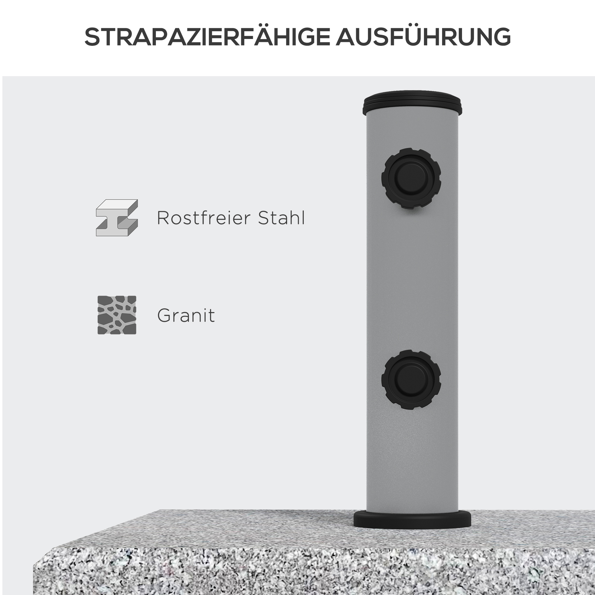 Grauer zylindrischer Pfosten mit zwei schwarzen Knöpfen auf einer Granitoberfläche. Text oben: strapazierfähige Ausführung.