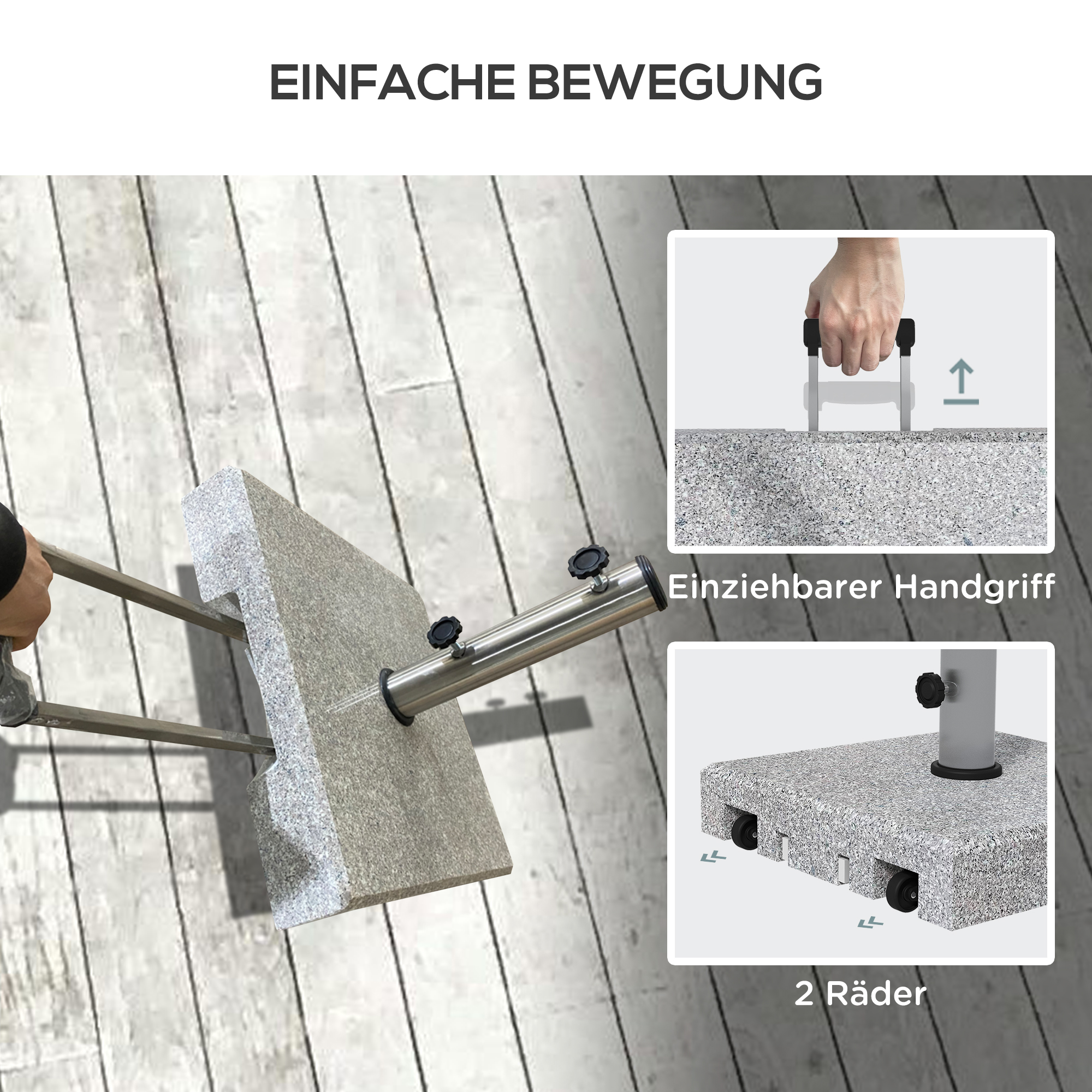 Gezeigt wird ein Granit-Schirmständer mit Griff und Rädern. Es gibt auch zwei inset Bilder mit Griff und Rädern.