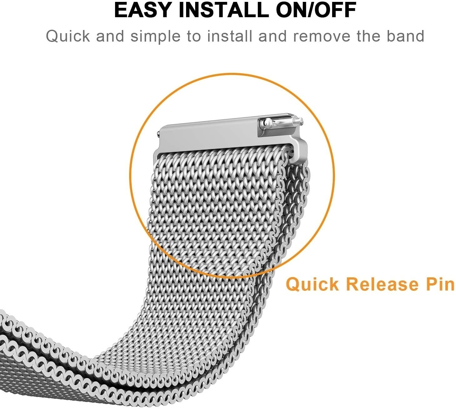 Ein silbernes Uhrenarmband mit Schnellverschlussstift wird vor weißem Hintergrund gezeigt. Text: Einfache Installation Ein/Aus.