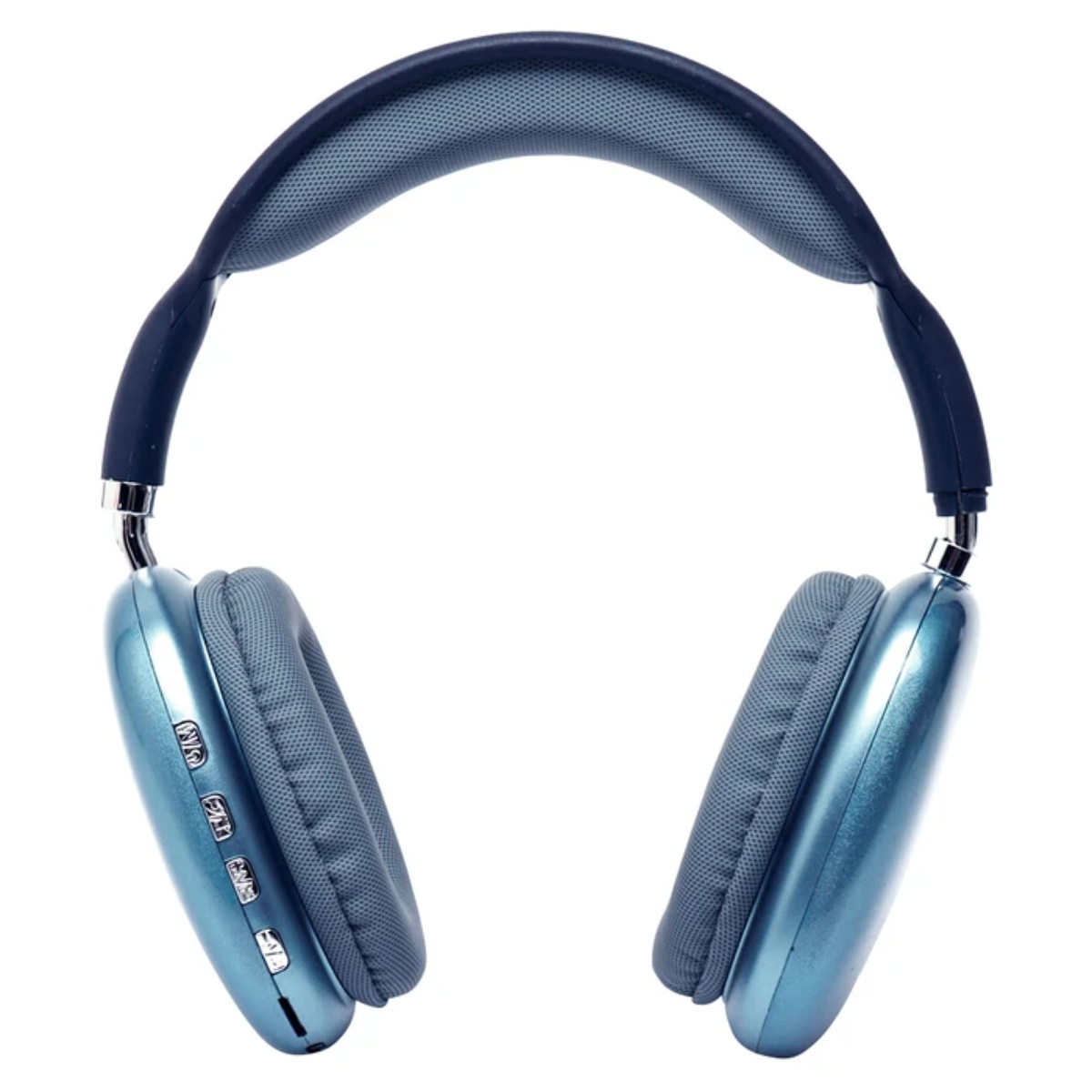 Auriculares azules con diadema y almohadillas grises. Los auriculares están sobre un fondo blanco.