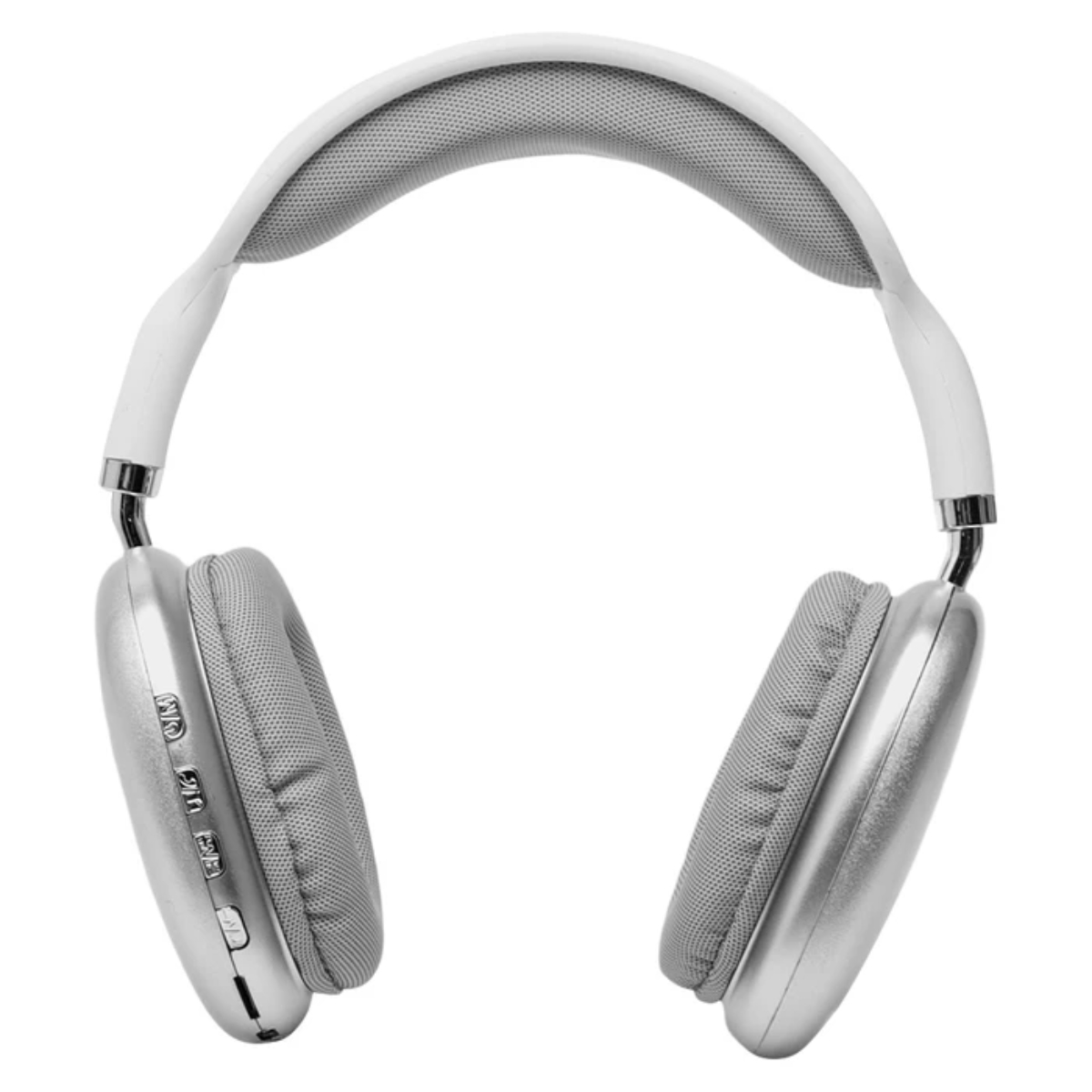Unos auriculares plateados y grises con diadema blanca, sobre fondo blanco. Botones visibles en el auricular izquierdo.
