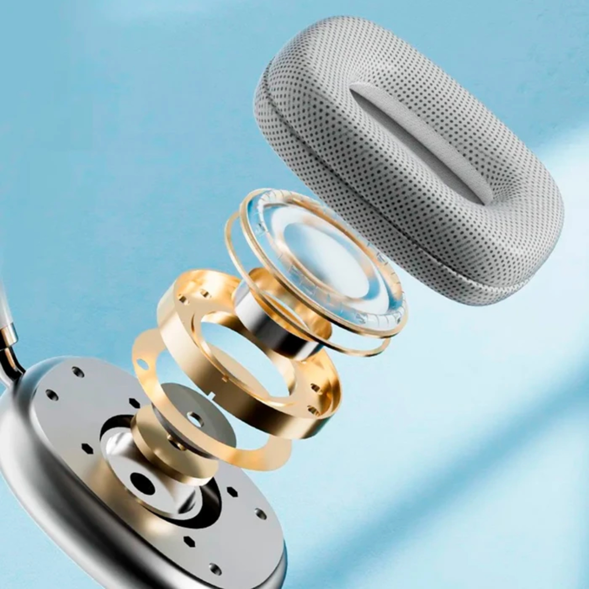 Vista explosionada de los auriculares que muestra los componentes. Una copa de oreja gris, partes doradas y plateadas y un fondo azul claro.
