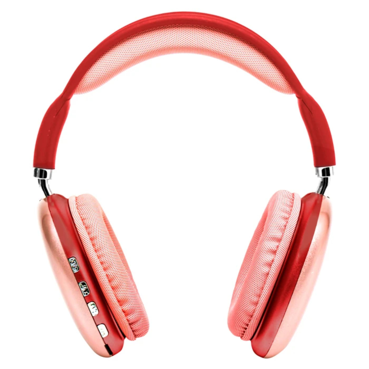 Auriculares rojos y oro rosa sobre fondo blanco. Los auriculares tienen diadema y almohadillas acolchadas.