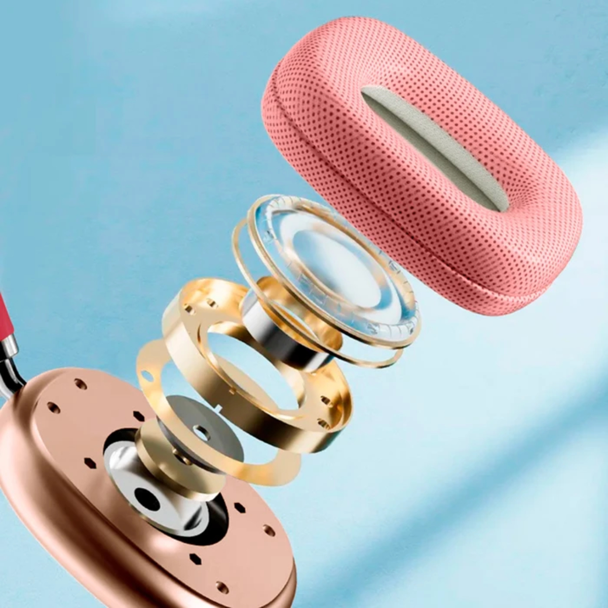 Componentes de auriculares: almohadilla rosa, anillos dorados, carcasa metálica y elementos transparentes, sobre fondo azul.