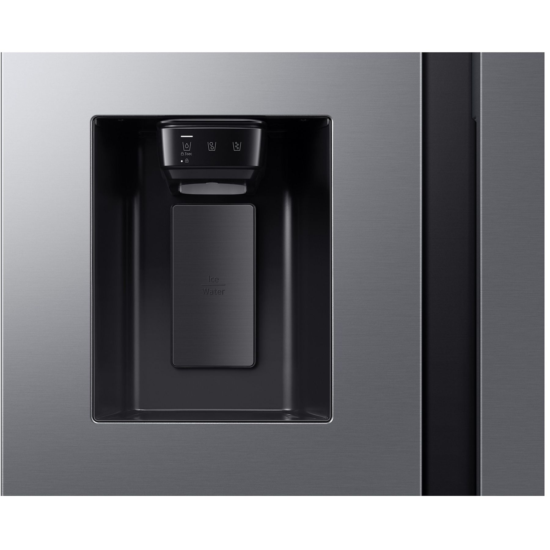 Zbliżenie drzwi lodówki z dozownikiem wody i lodu. Drzwi są ciemnoszare, z czarnym dozownikiem.