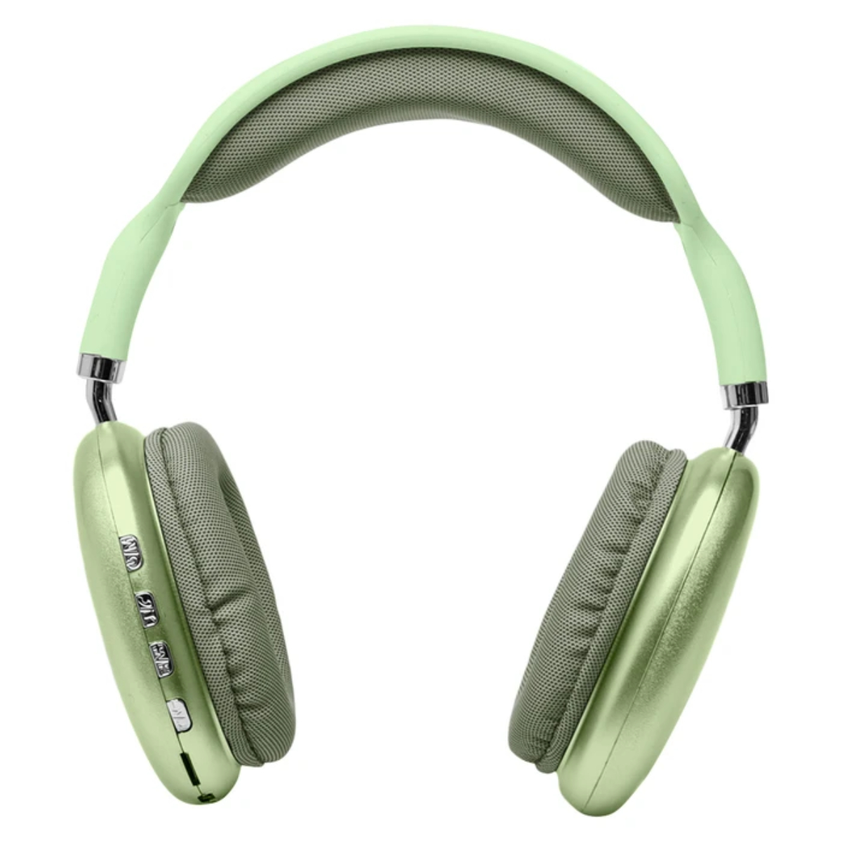 Unos auriculares inalámbricos verde claro. Los auriculares y la diadema son de color verde claro con almohadillas grises. Los botones son visibles en el auricular.