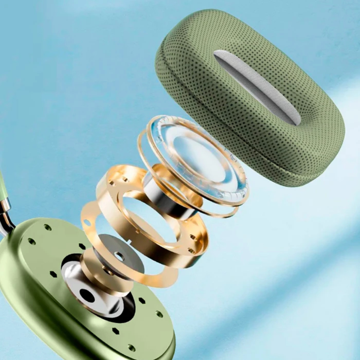 Auriculares verdes descompuestos que muestran componentes internos. Incluye altavoz, almohadillas y anillos metálicos, sobre fondo azul.