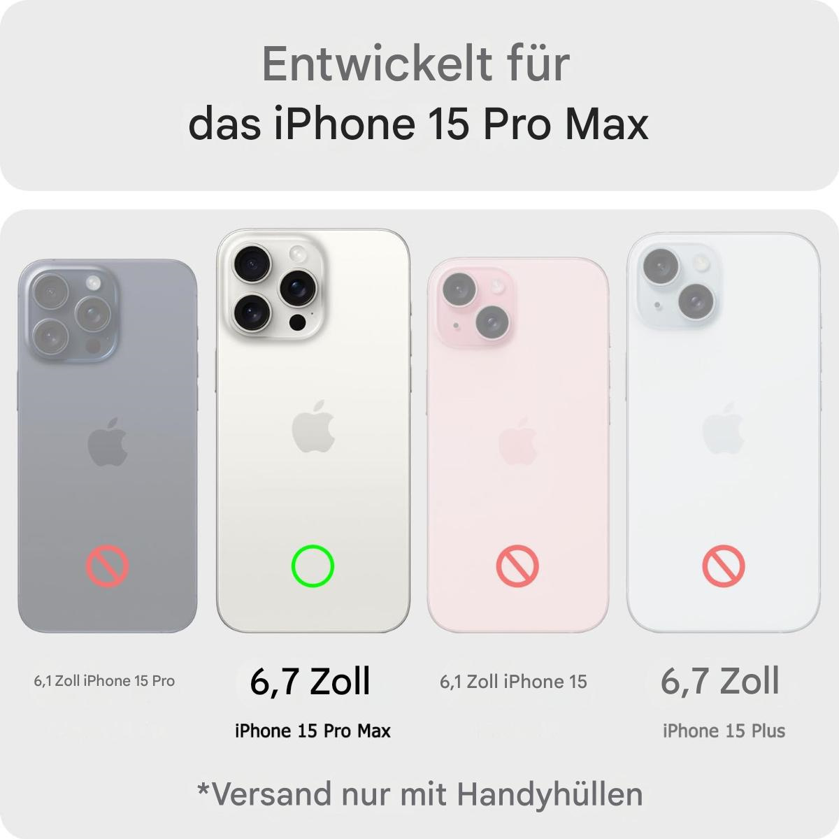 Bild zeigt vier iPhones. Das iPhone 15 Pro Max ist mit einem grünen Kreis hervorgehoben, die anderen mit roten Verbotsschildern.