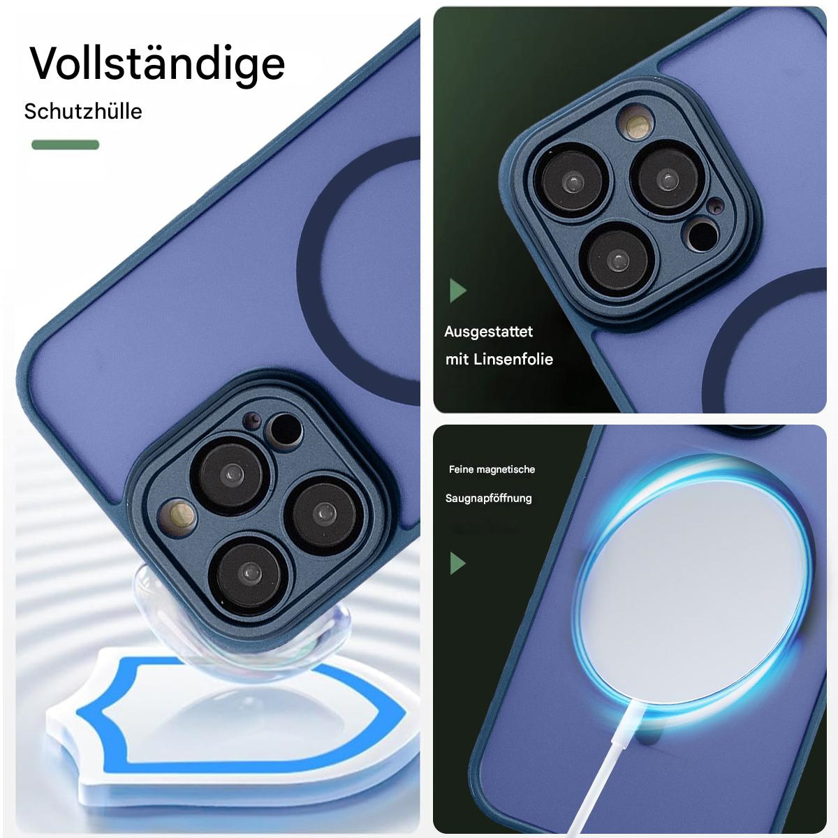 Nahaufnahme einer Handyhülle. Abschnitte zeigen Details: Kameralinse, magnetisches Laden und Schutzfunktionen, alles auf einer blauen Hülle.