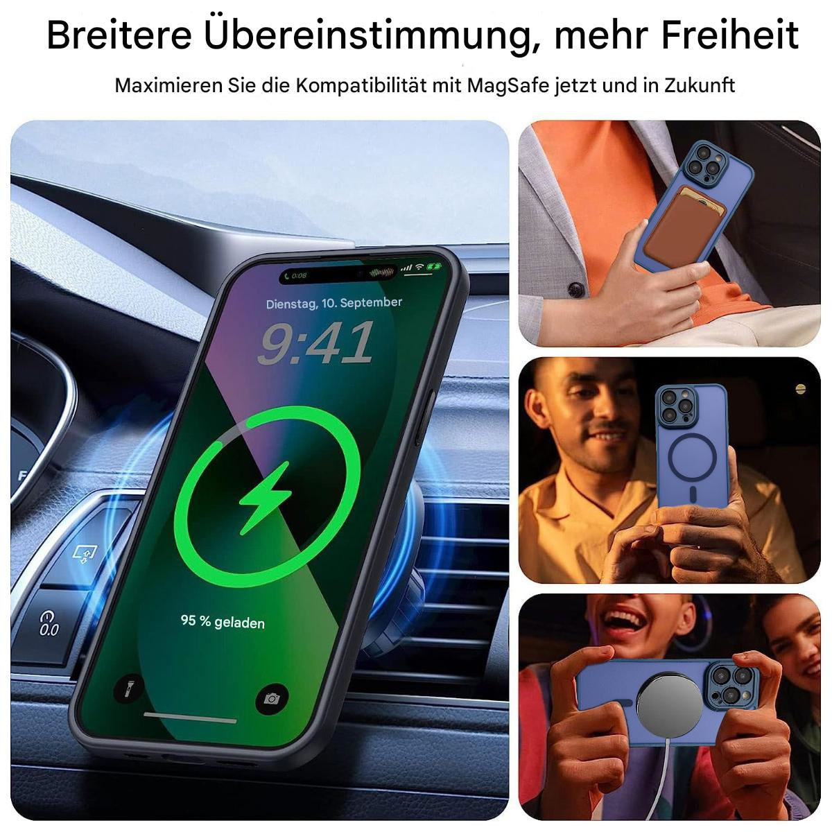 Das Bild zeigt ein ladendes Telefon mit anderen Bildern von Telefonen in Hüllen. Der Text lautet: 'Breitere Kompatibilität, mehr Freiheit'.