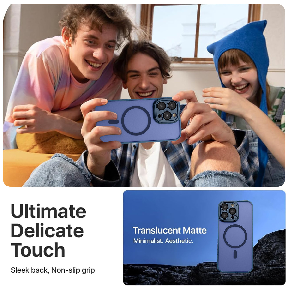 Drei lächelnde Personen, die ein Telefon mit einer blauen Hülle halten. Die Telefonhülle wird angezeigt, mit Text, der besagt, ultimativ, zart, berühren.