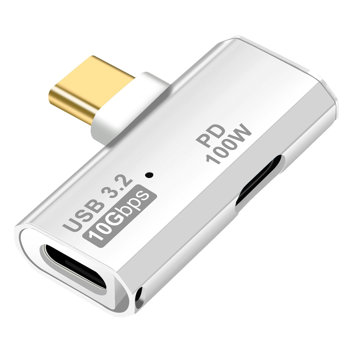 Silberner USB-C-Adapter mit goldfarbenem Stecker. Text lautet USB 3.2 10 Gbit/s und PD 100 W. Schwarzer Anschluss an der Seite.