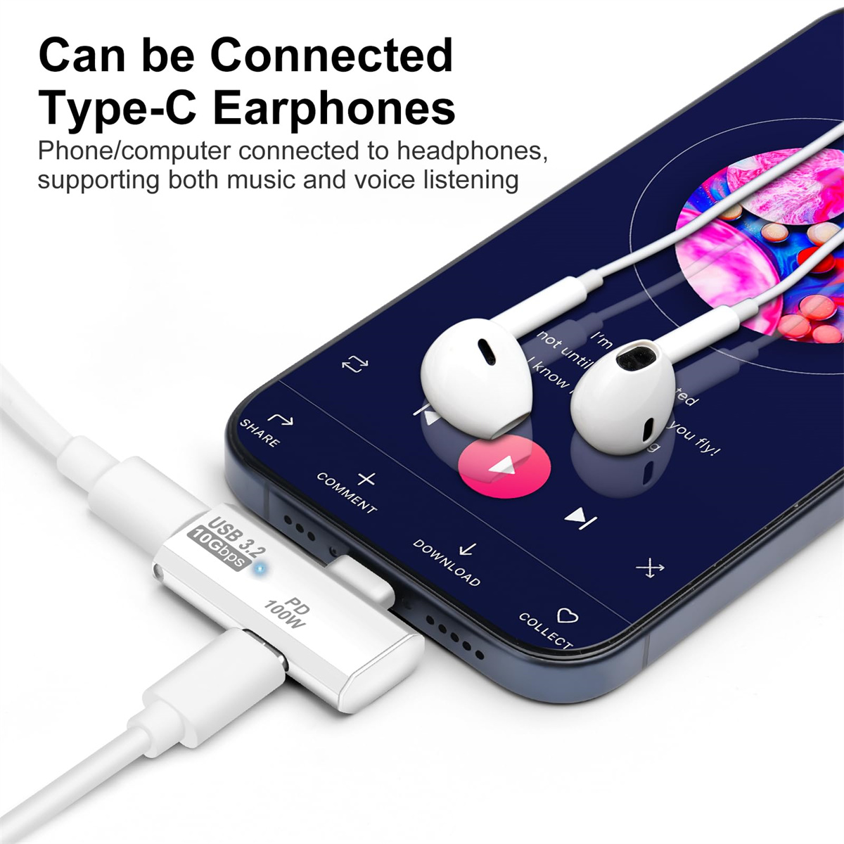 Weiße Kopfhörer sind mit einem Telefon verbunden, das Musik abspielt. Ein weißer USB-Adapter ist ebenfalls angeschlossen. Der Text lautet 'Type-C Earphones'.