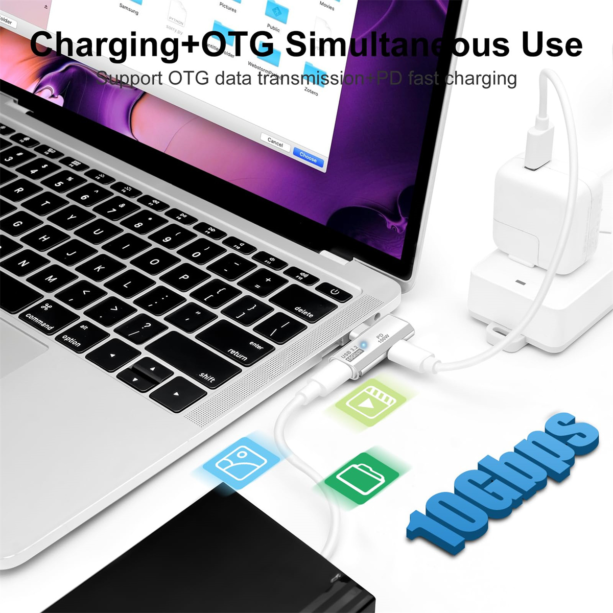Laptop mit Ladegerät und USB-Hub verbunden, unterstützt OTG-Datenübertragung und Schnellladung. Symbole für Dateien und Bilder sind vorhanden.