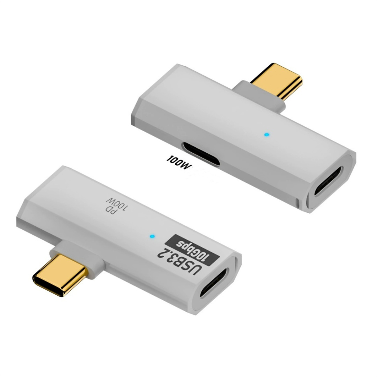 Zwei graue USB-C-Adapter. Jeder hat einen goldfarbenen Stecker, eine blaue LED und Beschriftungen für USB 3.2 und 100W PD.