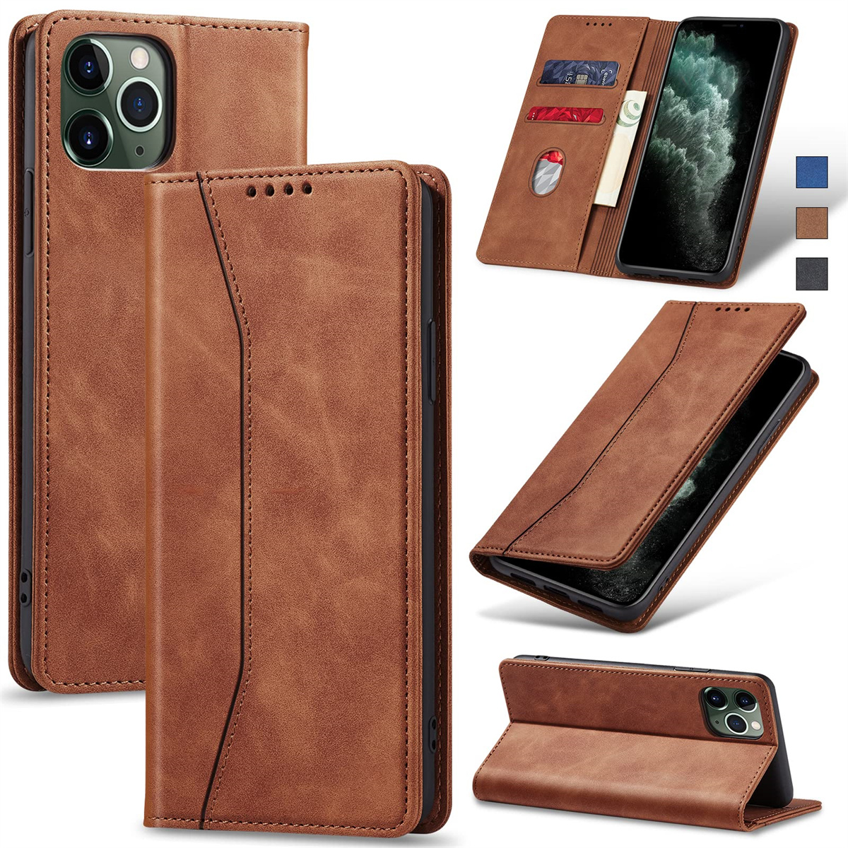 Braune Leder-Handyhülle, geöffnet und geschlossen, mit Telefon und Kartenfächern. Mehrere Winkel zeigen das Design der Hülle.