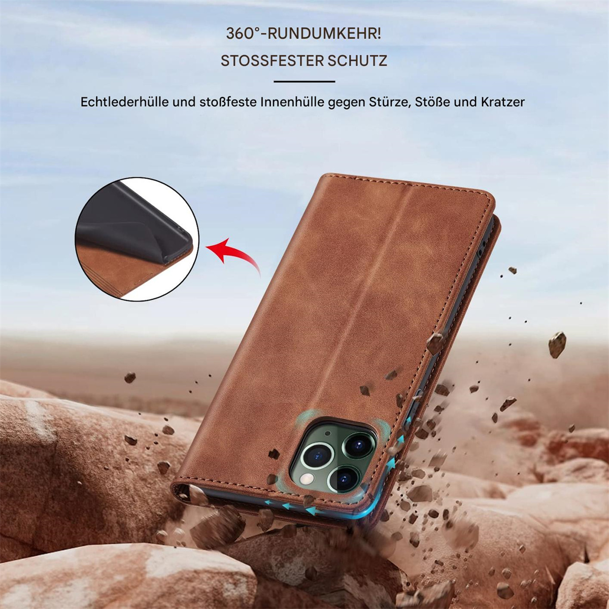 Eine braune Leder-Handyhülle fällt. Sie ist von fallenden Steinen umgeben. Oben steht '360° Schutz'.