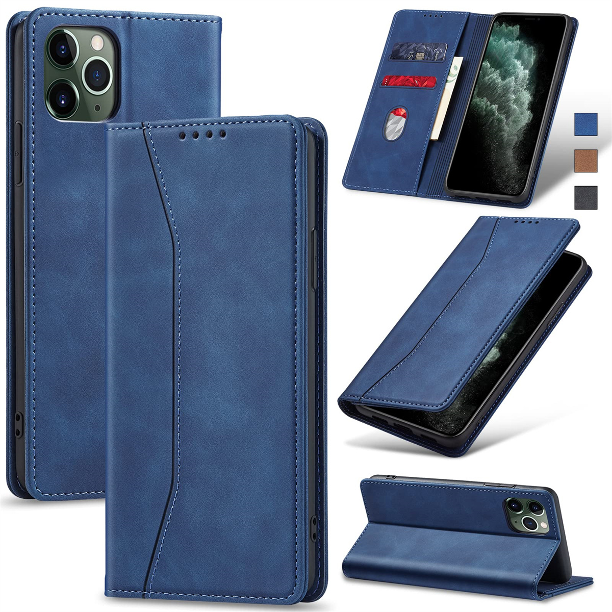 Blaue Leder-Handyhülle mit mehreren Ansichten. Geöffnete Hülle mit Telefon und Karten. Geschlossene Hülle. Telefon in der Hülle, aufgestellt.