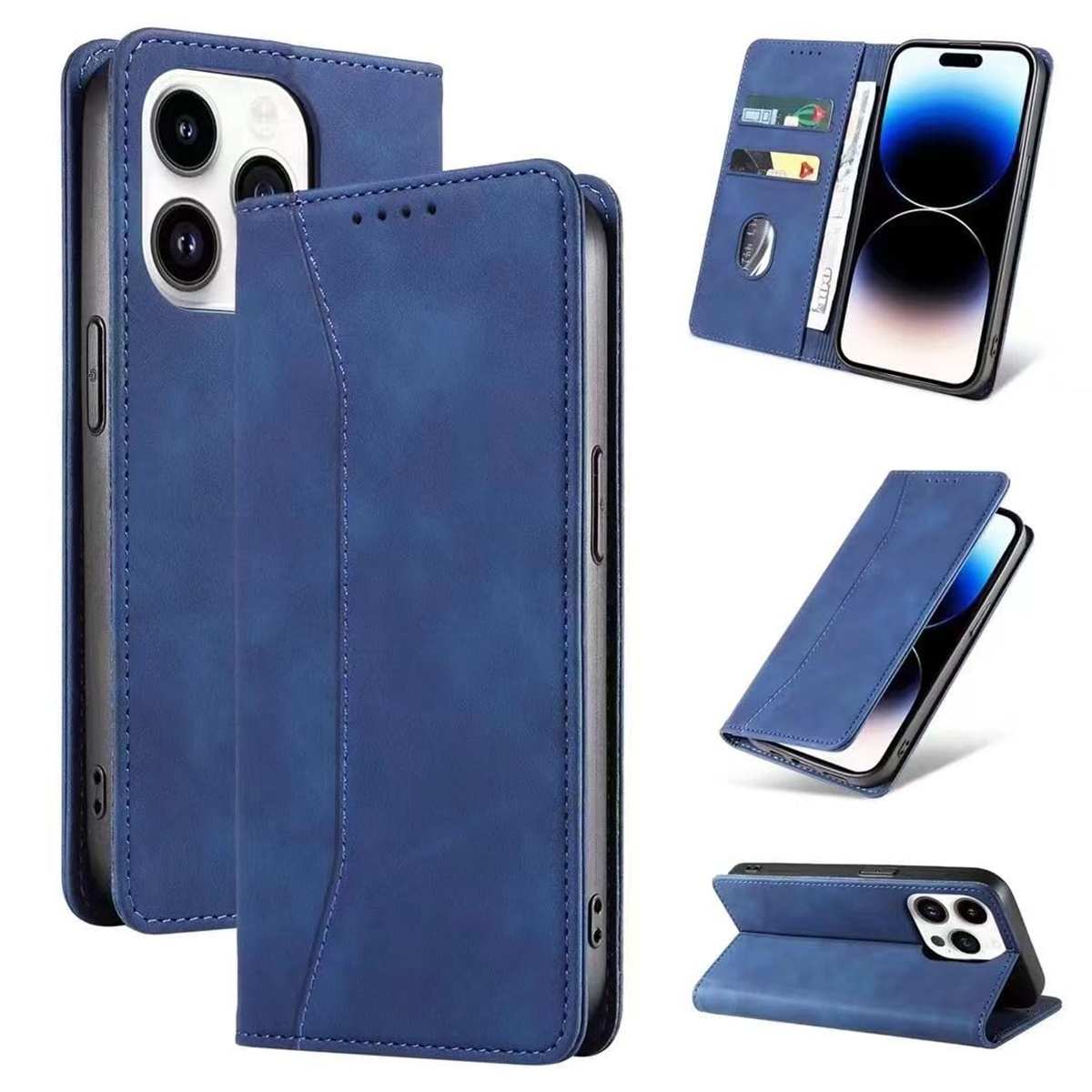 Eine blaue Leder-Handyhülle mit Brieftaschendesign. Mehrere Blickwinkel zeigen das Telefon in der Hülle, offen und geschlossen.