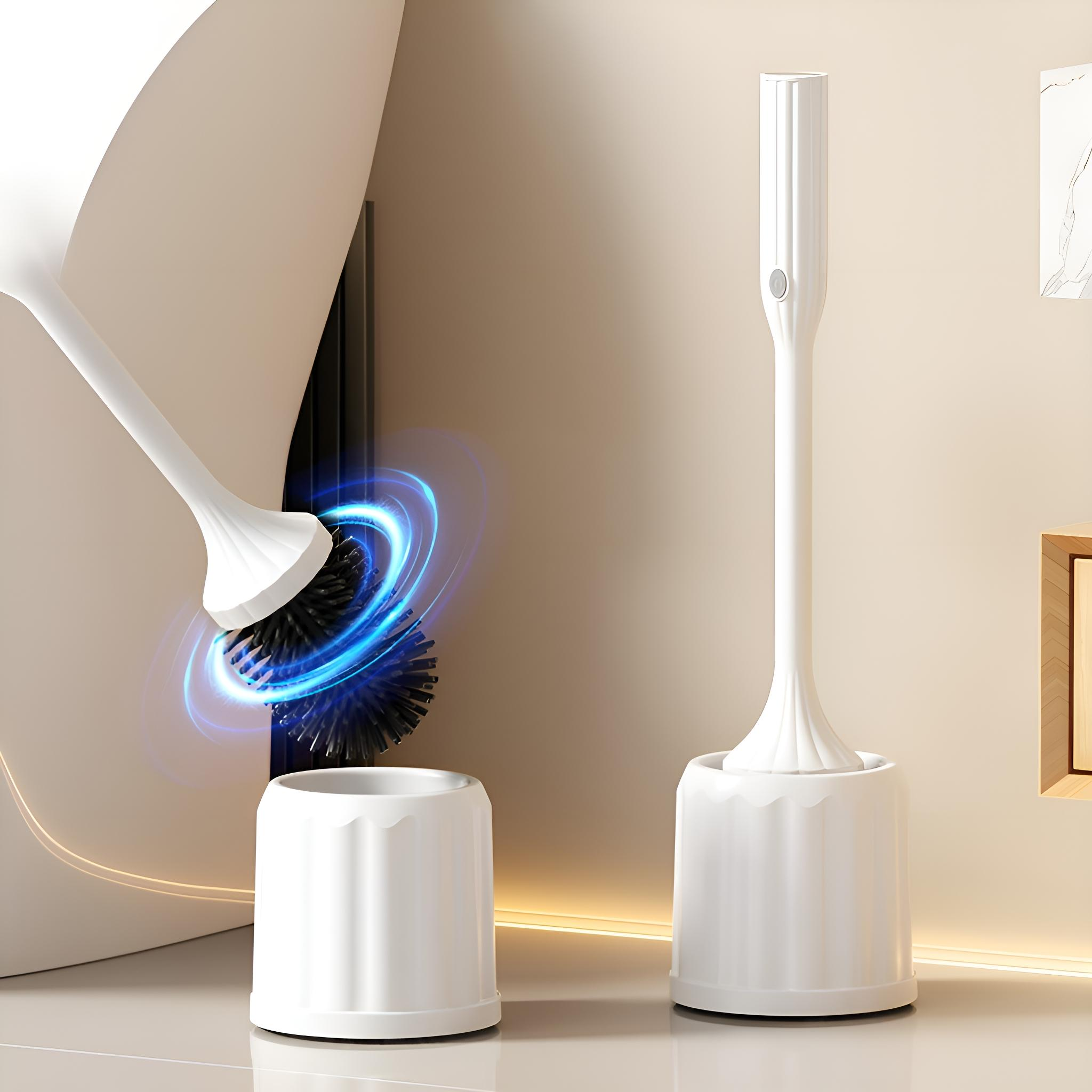 Weiße Toilettenbürste und Halter. Die Bürste wird verwendet. Der Halter befindet sich rechts. Der Bürstenkopf hat ein blaues Leuchten.