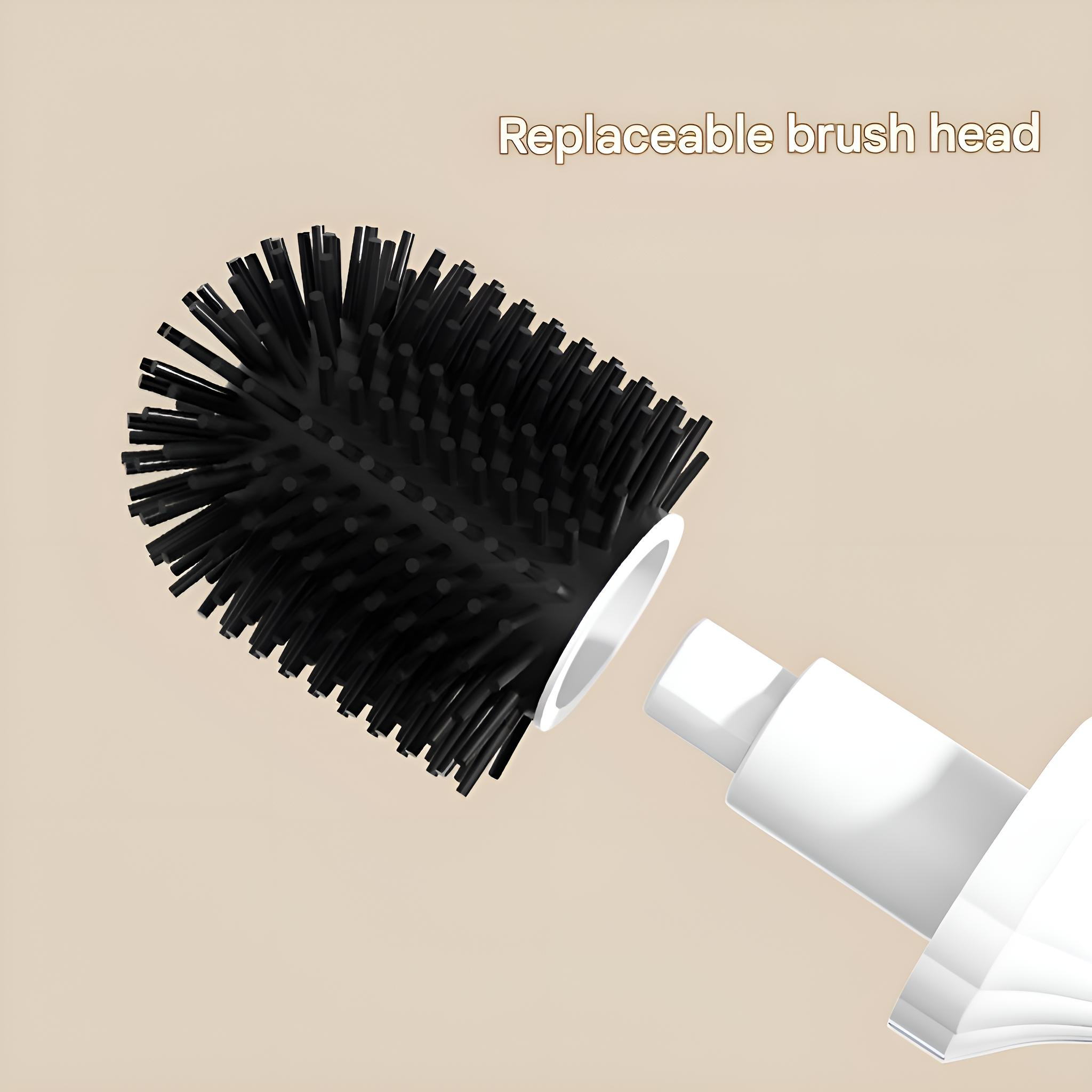 Ein schwarzer Bürstenkopf mit Borsten, ein weißer Griff und die Worte 'Replaceable brush head' auf beigem Hintergrund.