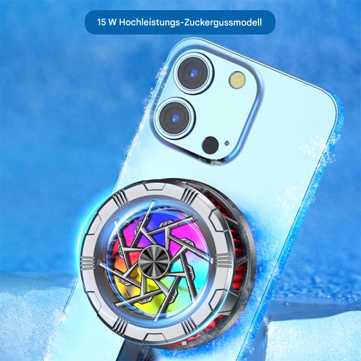 Ein Telefon mit einem Kühlventilator. Der Lüfter hat mehrere Farben und einen silbernen Rahmen, das Telefon ist hellblau.