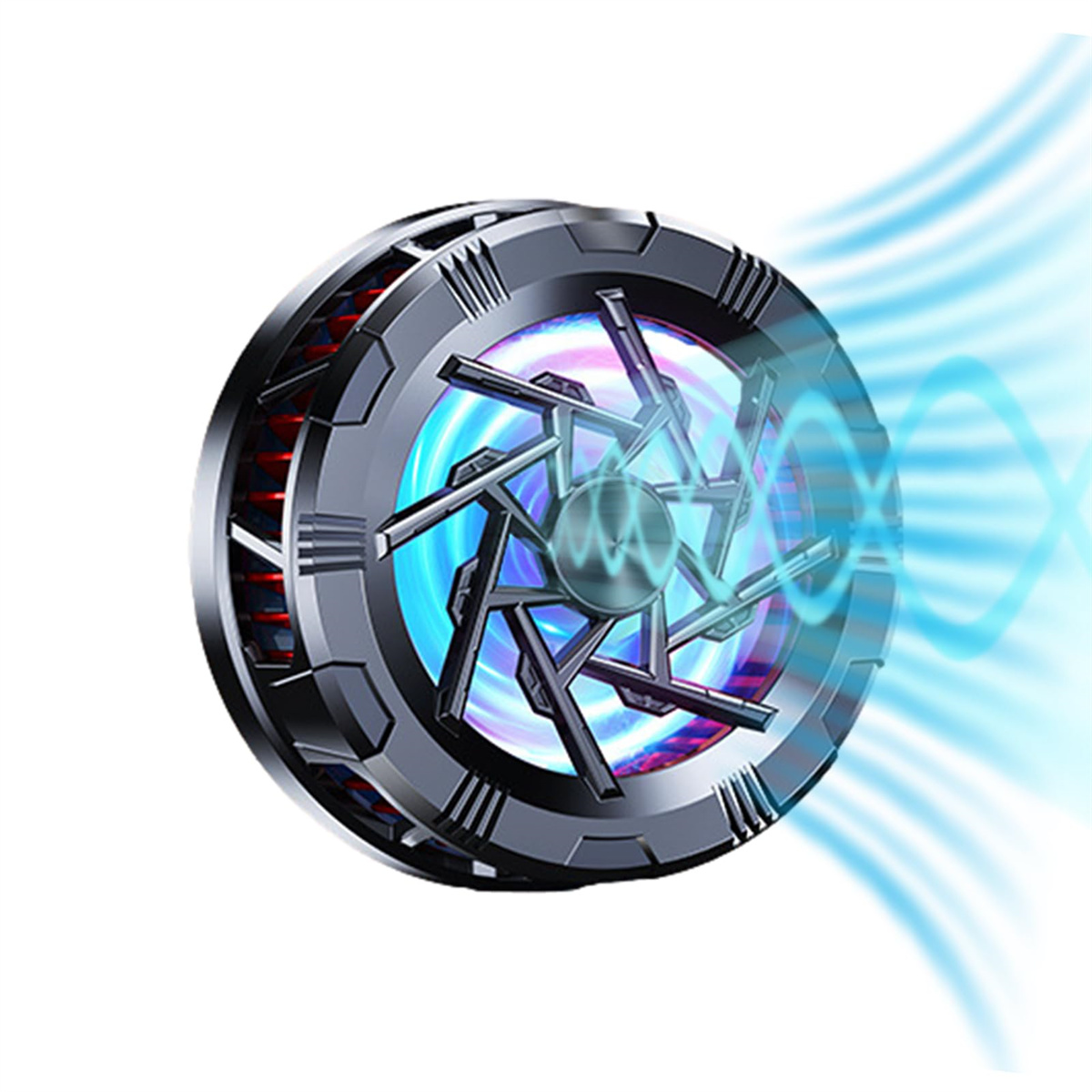 Ein metallischer, futuristischer Ventilator mit blauen und lila inneren Lichtern und blauen Luftstromlinien. Der Lüfter hat ein komplexes, geometrisches Design.
