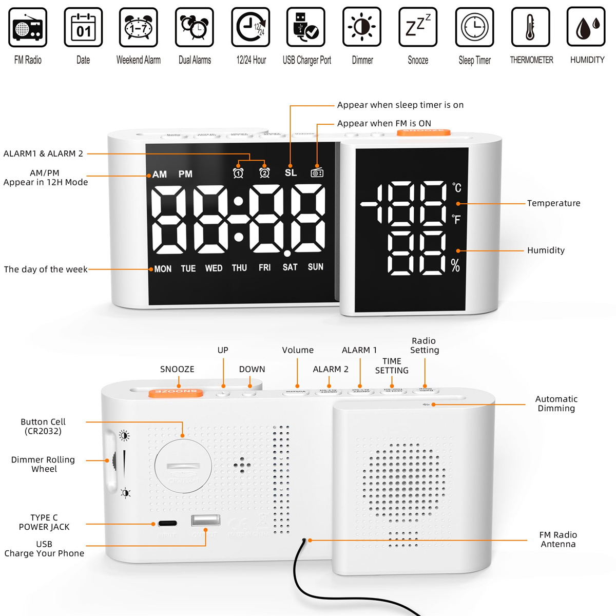 Weißer Digitalwecker mit mehreren Funktionen. Anzeige zeigt Uhrzeit, Datum, Temperatur und Luftfeuchtigkeit. Tasten für Alarm, Radio und Einstellungen.