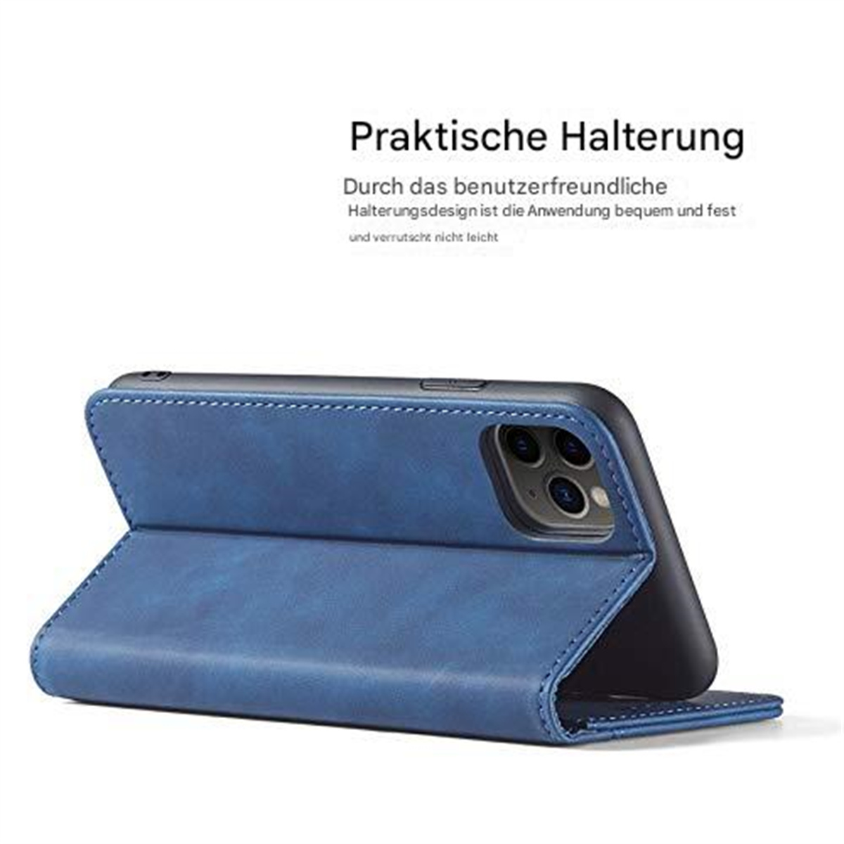 Eine blaue Leder-Handyhülle ist offen und zeigt ein Telefon. Oben steht 'Praktische Halterung'.