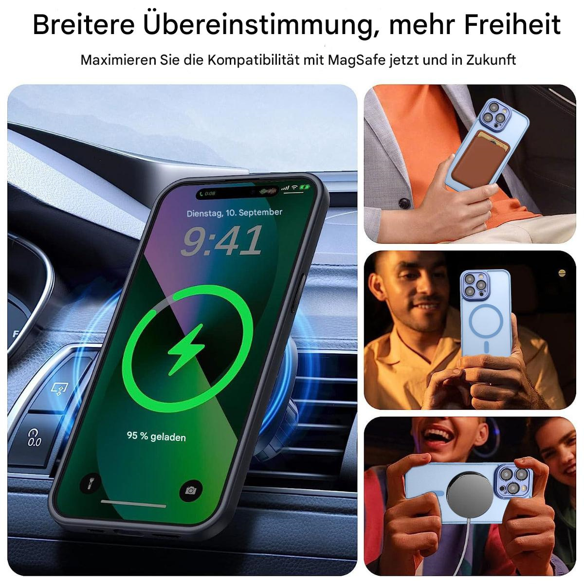 Ein Telefon lädt im Auto. Es zeigt 9:41 Uhr und 95% geladen an. Mehrere Personen halten Telefone mit Magnetbefestigungen.