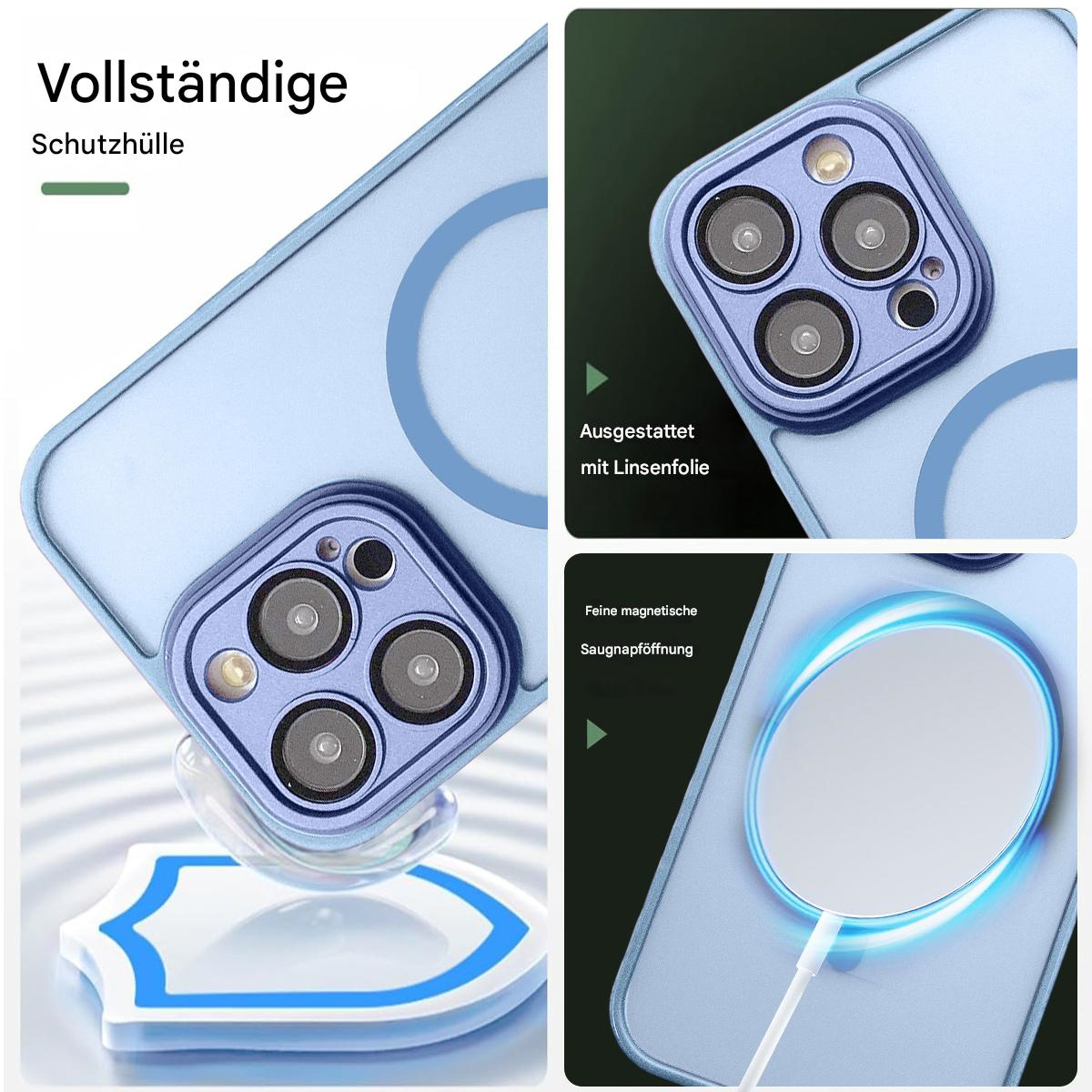 Ein hellblaues Handy-Case mit drei Kameralinsen wird gezeigt. Ein weißes Ladepad ist angeschlossen. Deutscher Text ist vorhanden.