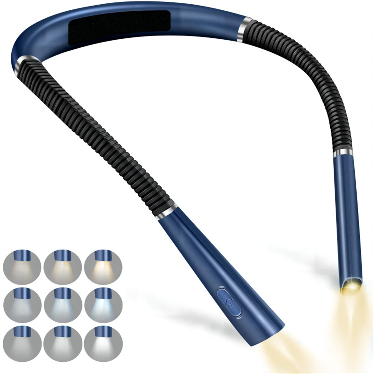 Eine blaue Nackenleuchte mit flexiblen Armen und einem Knopf. Sie hat einen schwarzen flexiblen Hals und eine Reihe von Lichtoptionen auf der linken Seite.