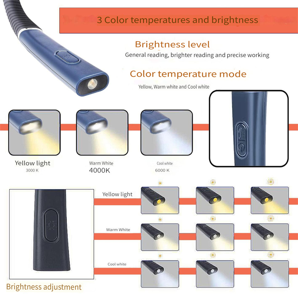 Eine verstellbare LED-Leselampe mit Farbtemperatur- und Helligkeitsreglern wird angezeigt, mit Beispielen für verschiedene Lichteinstellungen.