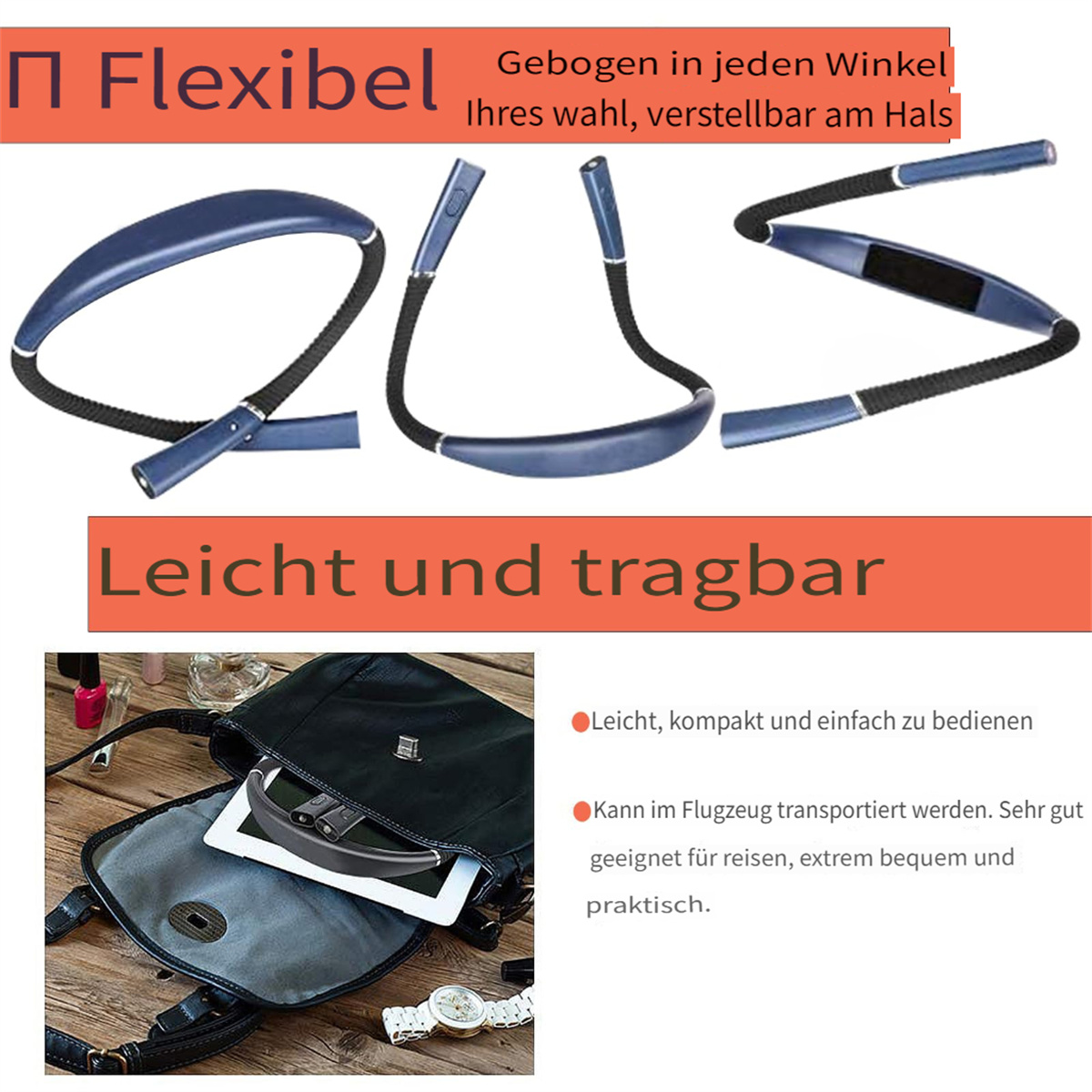Das Produkt zeigt 'Flexibel' und 'Leicht und tragbar'. Es ist ein flexibler Nackenbügel mit Produkt in einer Tasche und einer Uhr.