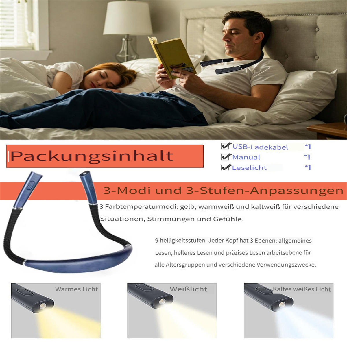 Ein Mann liest im Bett mit einer Nackenleuchte, während eine Frau schläft. Das Bild enthält Produktdetails und Modi der Nackenleuchte.