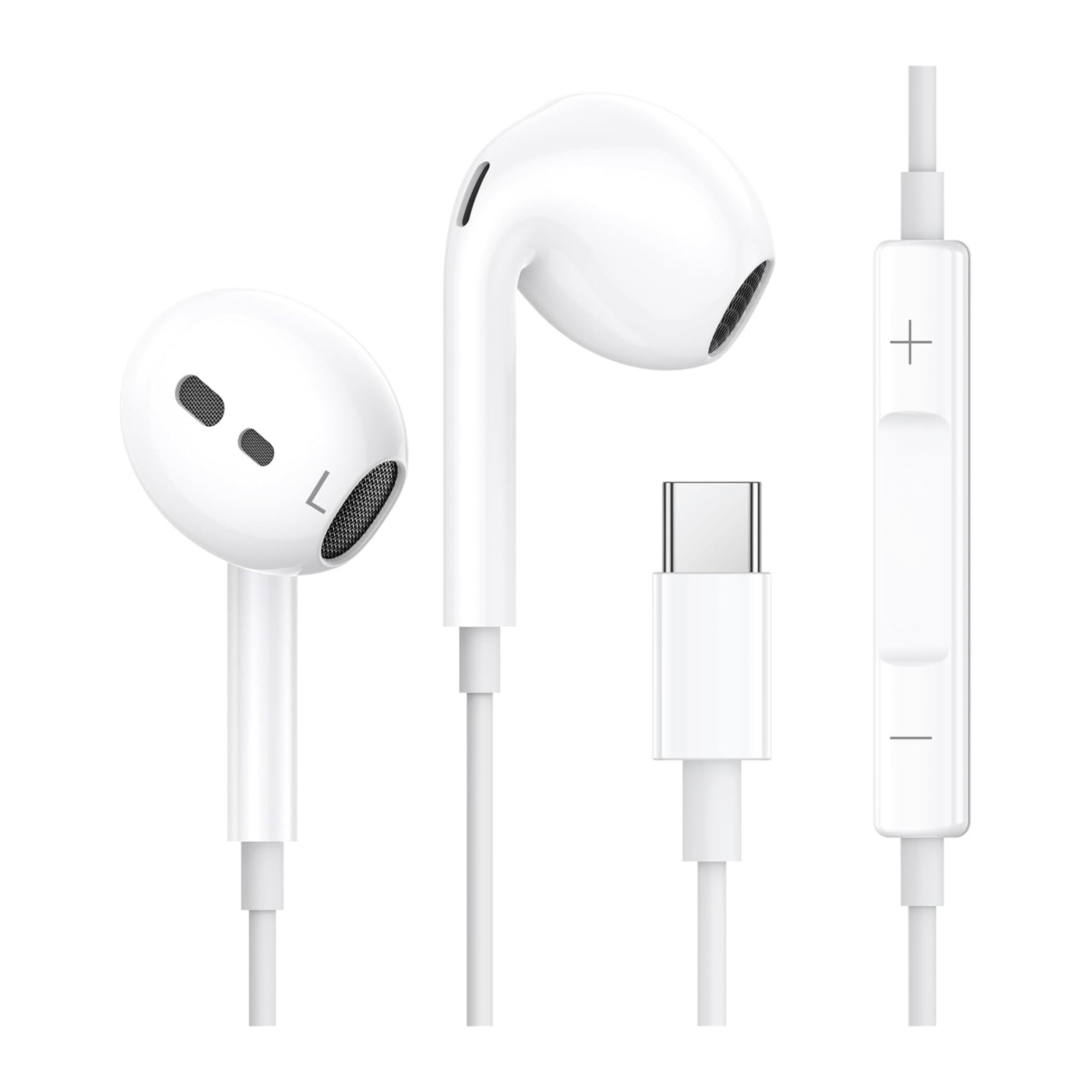 Weiße Kopfhörer mit Steuermodul und USB-C-Anschluss. Der Hintergrund ist weiß.