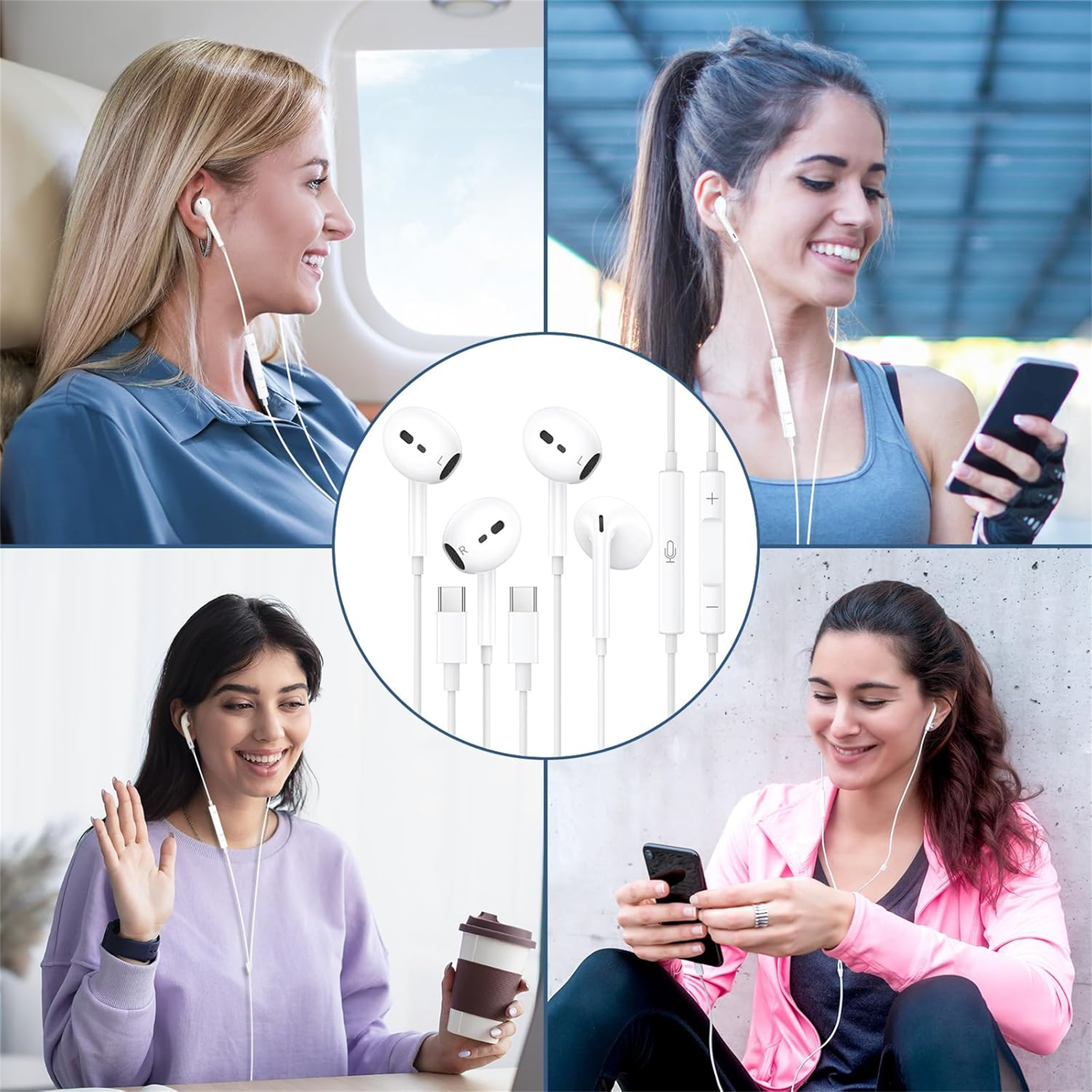 Das Bild zeigt vier Frauen mit Kopfhörern. Mitte: weiße Kopfhörer und Kabel. Frauen lächeln und benutzen Telefone.