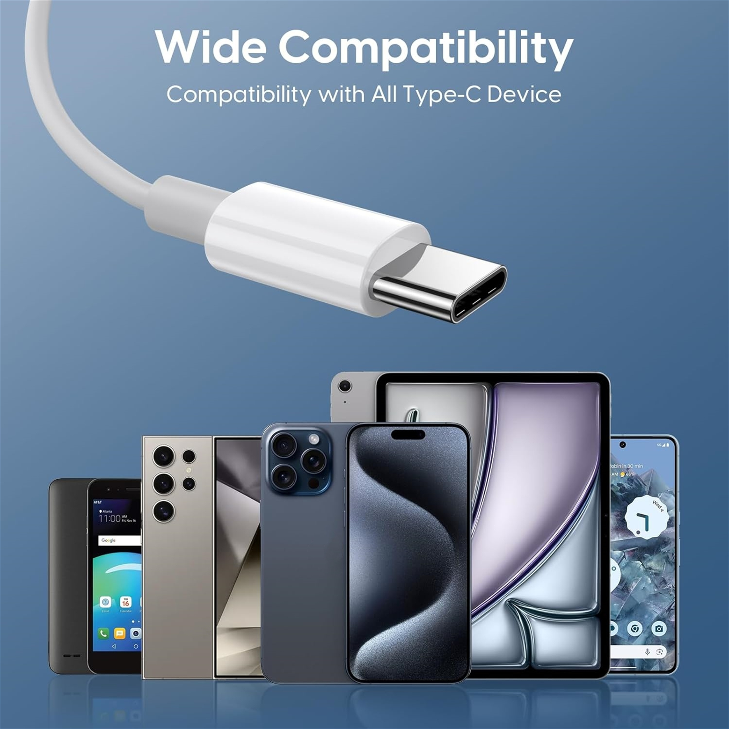 Weißes USB-C-Kabel über verschiedenen Smartphones und Tablets. Titel: Breite Kompatibilität. Hintergrund ist blau.