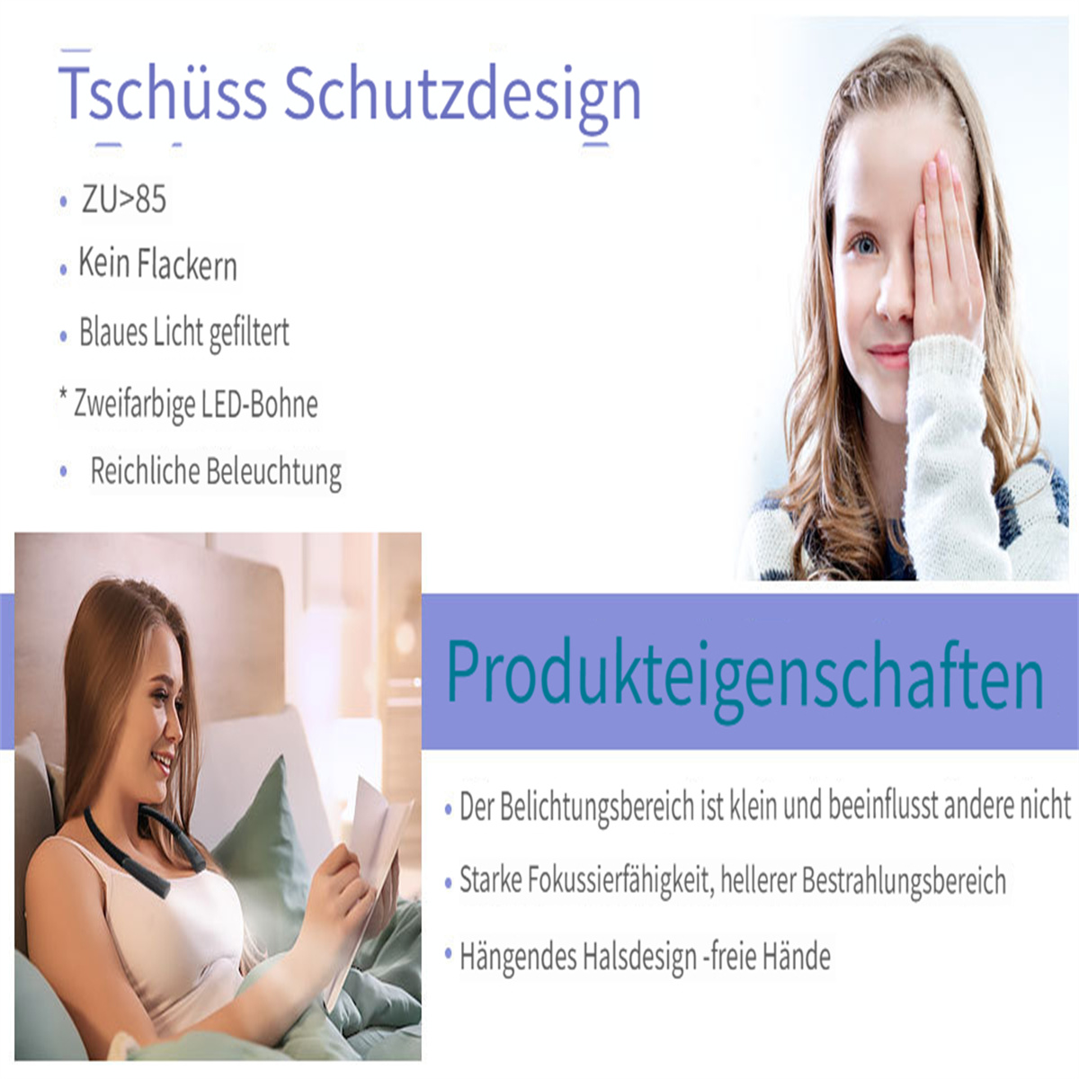 Ein Mädchen bedeckt ein Auge, eine Frau liest ein Buch, und Text listet Produkteigenschaften. Der Hintergrund ist weiß.