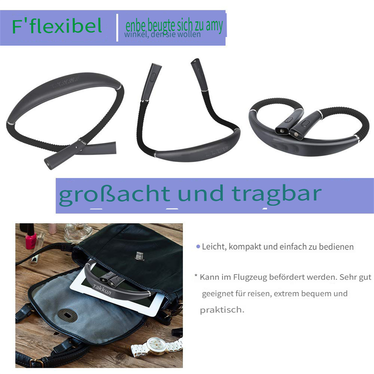 Das Bild zeigt eine flexible Nackenleuchte, eine Tasche mit einem Tablet und einer Uhr sowie Produktinformationen auf Deutsch.